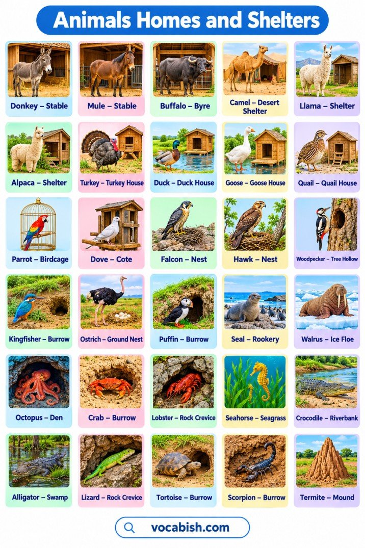 Animal Homes and Shelters Name in English with Pictures