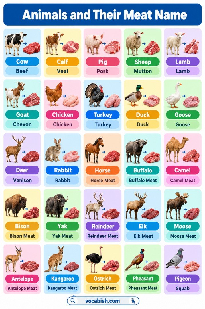 Animals and Their Meat Name: 50 Types of Meat with Pictures