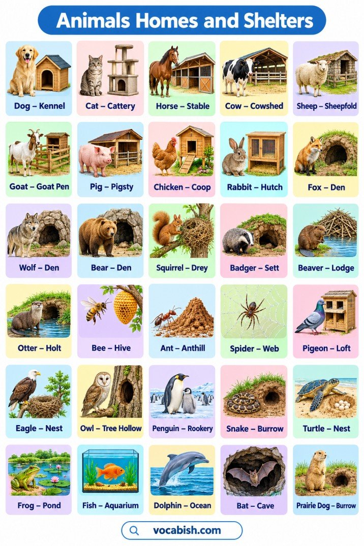 Animal Homes and Shelters Name in English with Pictures